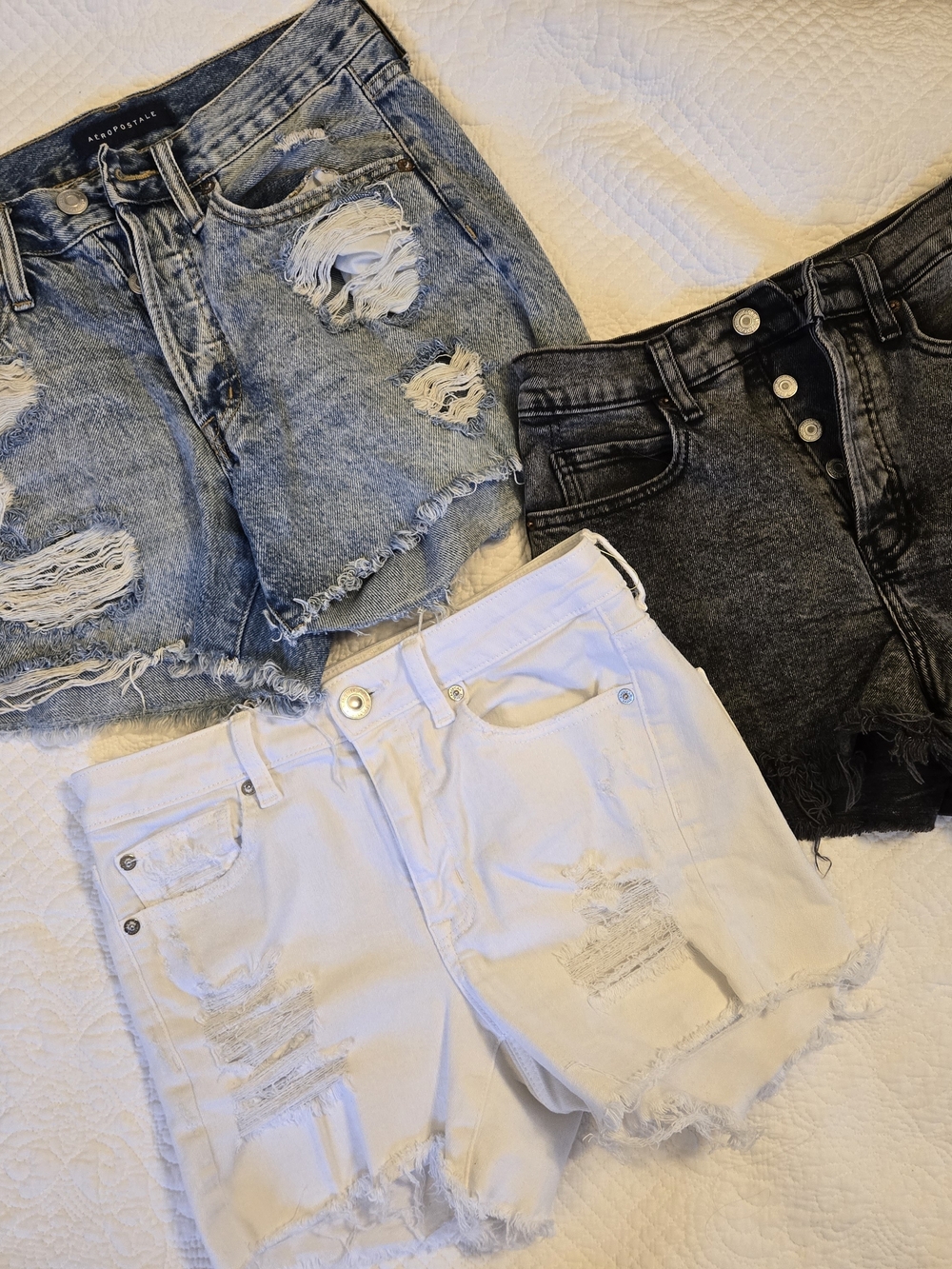 Distressed High-Rise Denim Shorts - White, Light Blue, Black